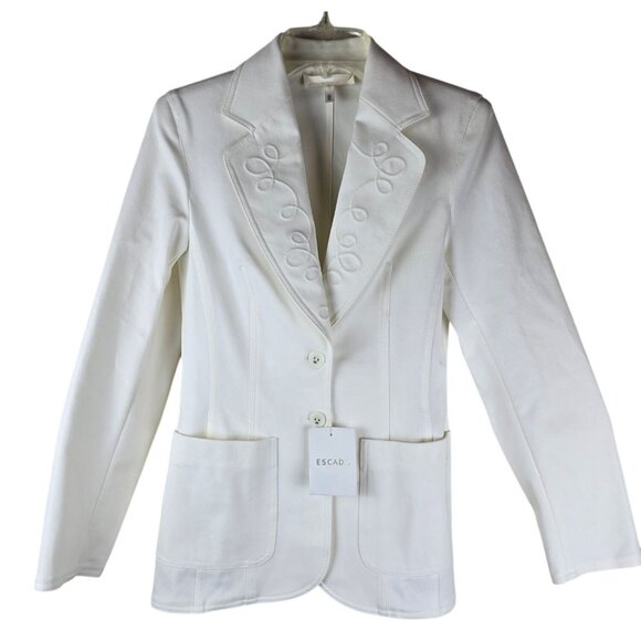 Escada White Blazer Jacket Womens Size 34 Embroidered Lapel Cotton Blend Tailore - Picture 1 of 8